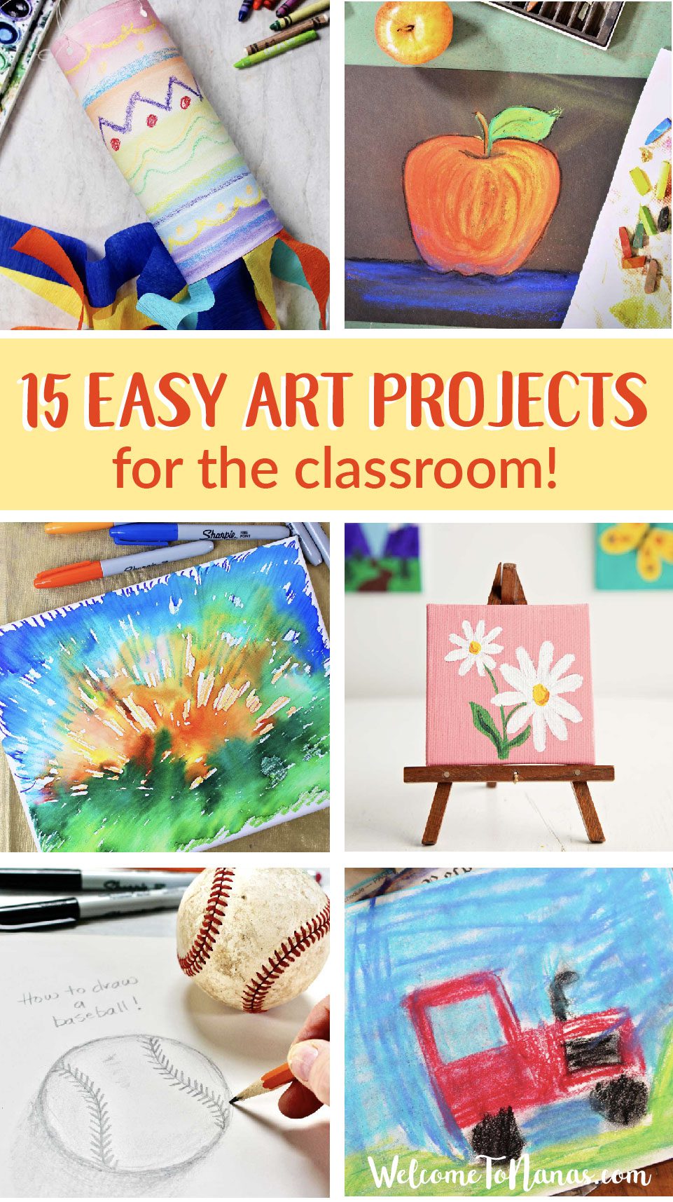 Pictures of art projects that can be created in a classroom at school.