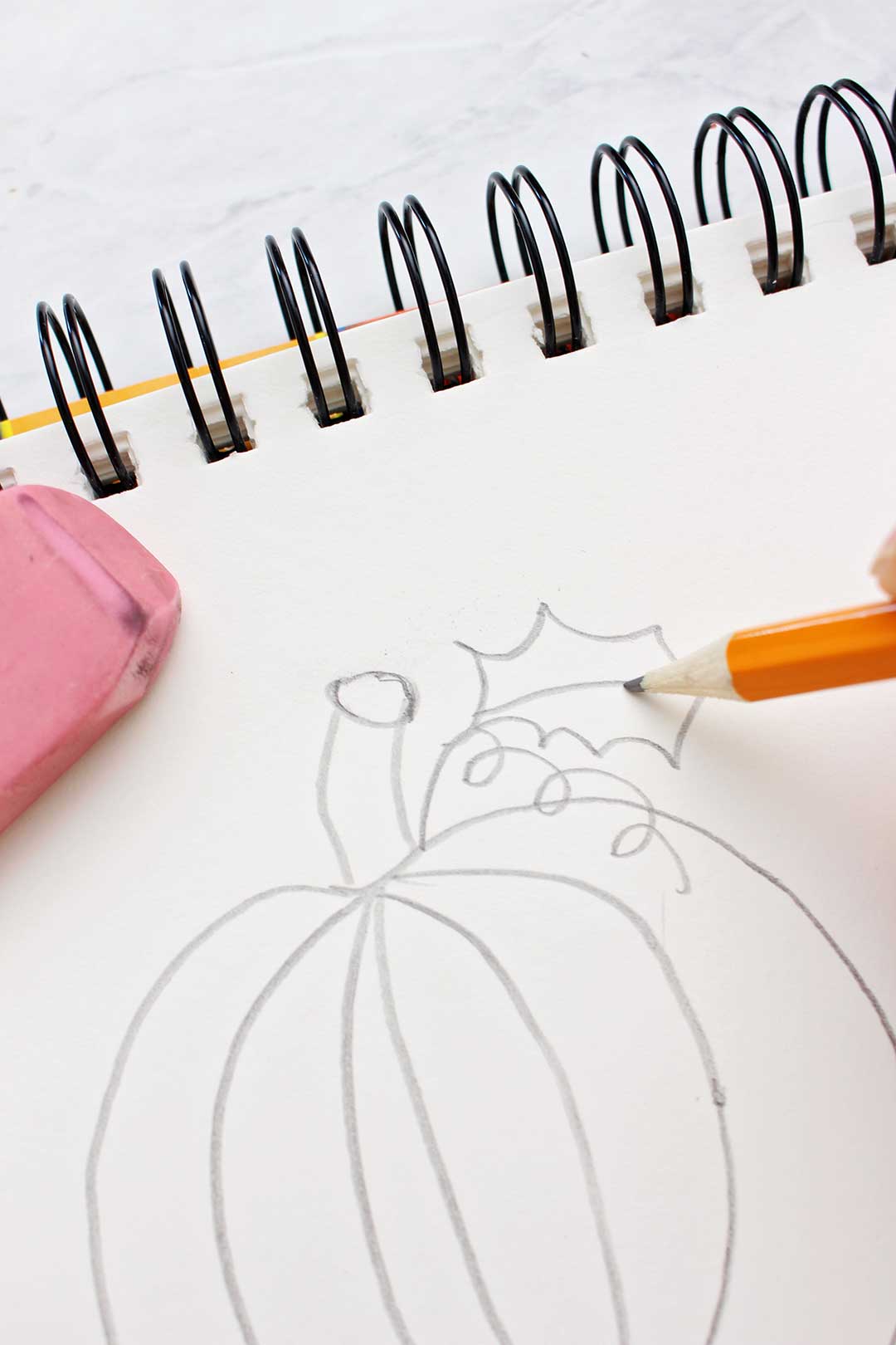 Pencil sketching the stem and leaf of a pumpkin sketch.