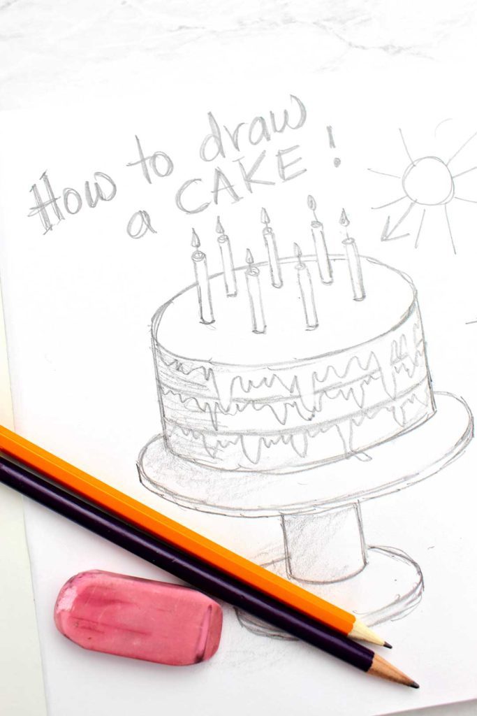 Completed pencil sketch of layer cake with candles with "How to Draw a Cake" written on top.