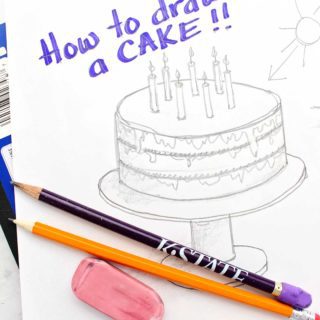 Completed page with a pencil sketch of a layer cake with candles.