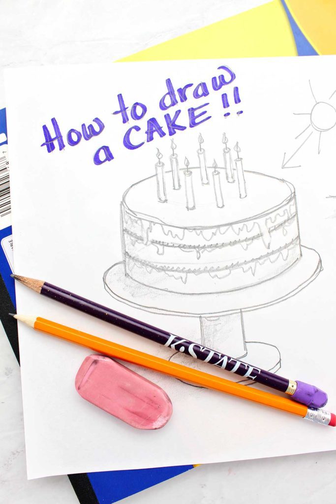 Completed page with a pencil sketch of a layer cake with candles.