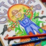 Fully colored coloring page of a scarecrow with pumpkins, crows and the word "October" on top.
