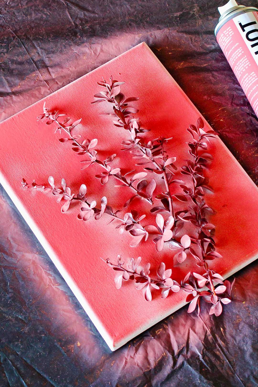 Branches with small leaves on white canvas after painting red.