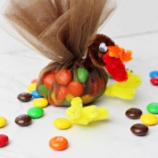 Completed Cute Turkey Thanksgiving Favor. Tulle filled with m&ms secured on top to make feathers and a turkey face made of pipe cleaners.