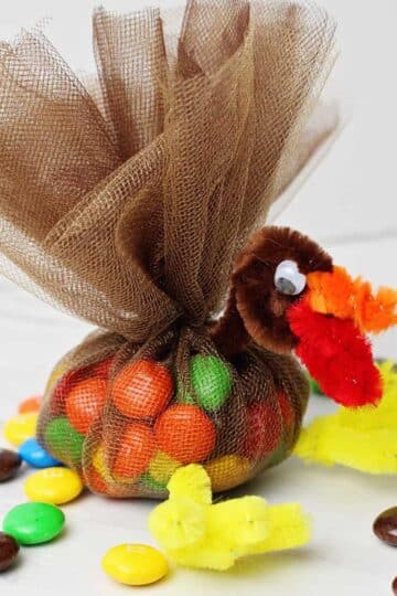 Completed Cute Turkey Thanksgiving Favor. Tulle filled with m&ms secured on top to make feathers and a turkey face made of pipe cleaners.