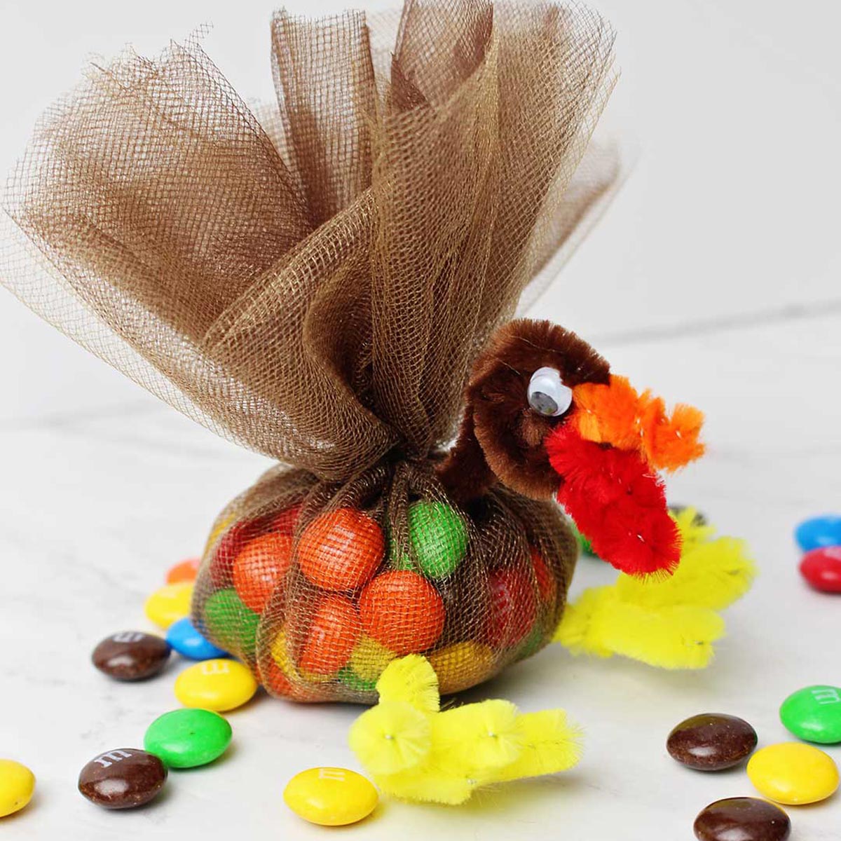 Completed Cute Turkey Thanksgiving Favor. Tulle filled with m&ms secured on top to make feathers and a turkey face made of pipe cleaners.