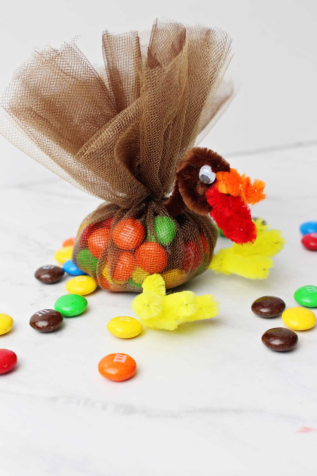 Completed Cute Turkey Thanksgiving Favor. Tulle filled with m&ms secured on top to make feathers and a turkey face made of pipe cleaners.