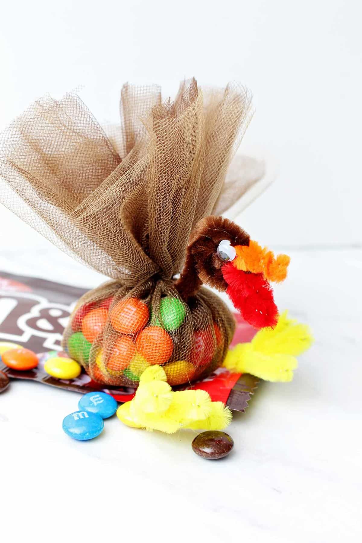 Completed Cute Turkey Thanksgiving Favor. Tulle filled with m&ms secured on top to make feathers and a turkey face made of pipe cleaners.