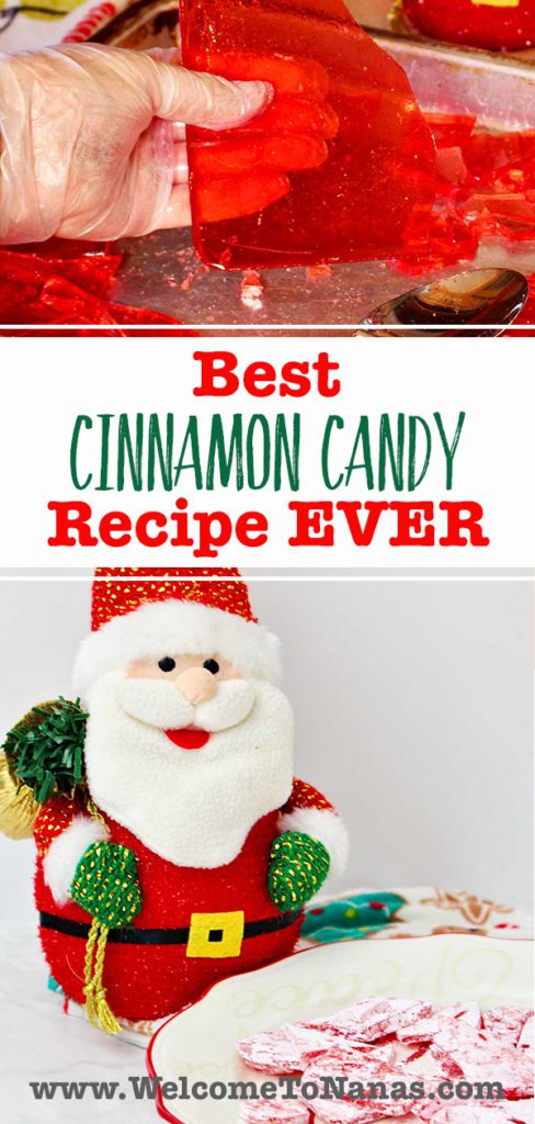 Hand holding large piece of homemade cinnamon candy and a Santa near a plate of finished candies.