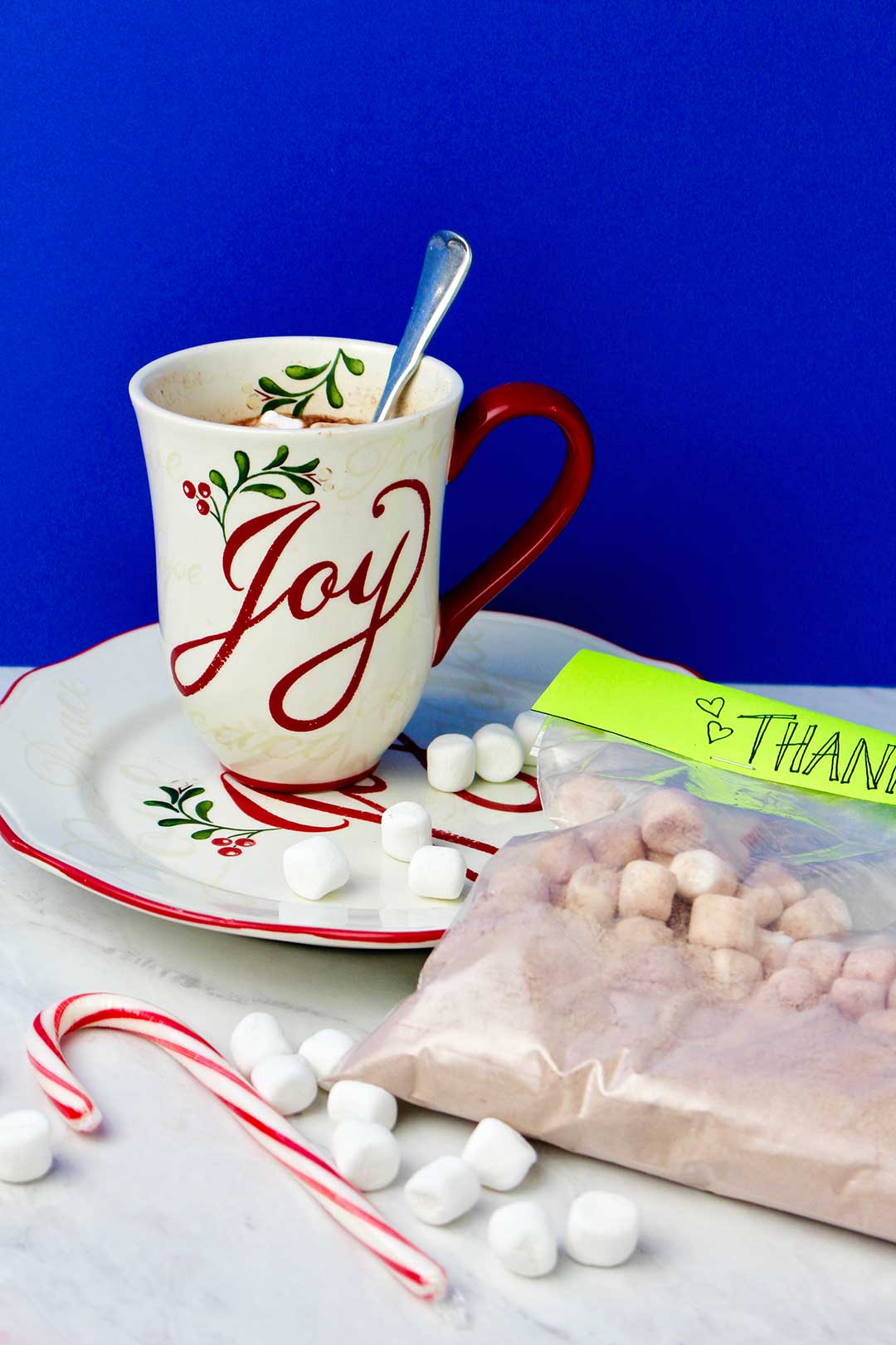 Holiday mug on saucer with marshmallows and bag of hot chocolate mix near by against a royal blue background.