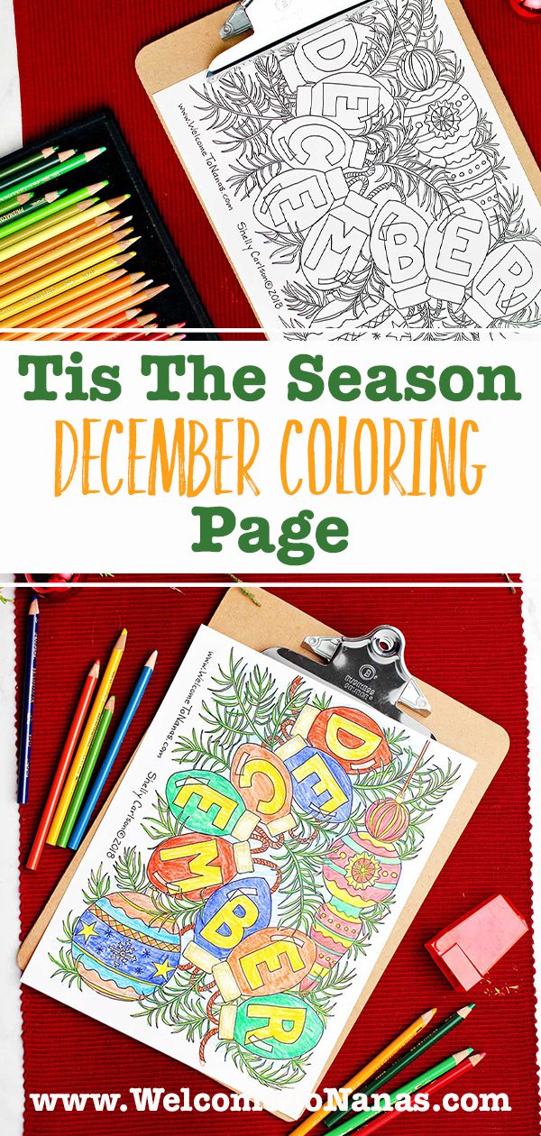 An image of an uncolored December coloring page near some colored pencils and an image of a finished December coloring page.