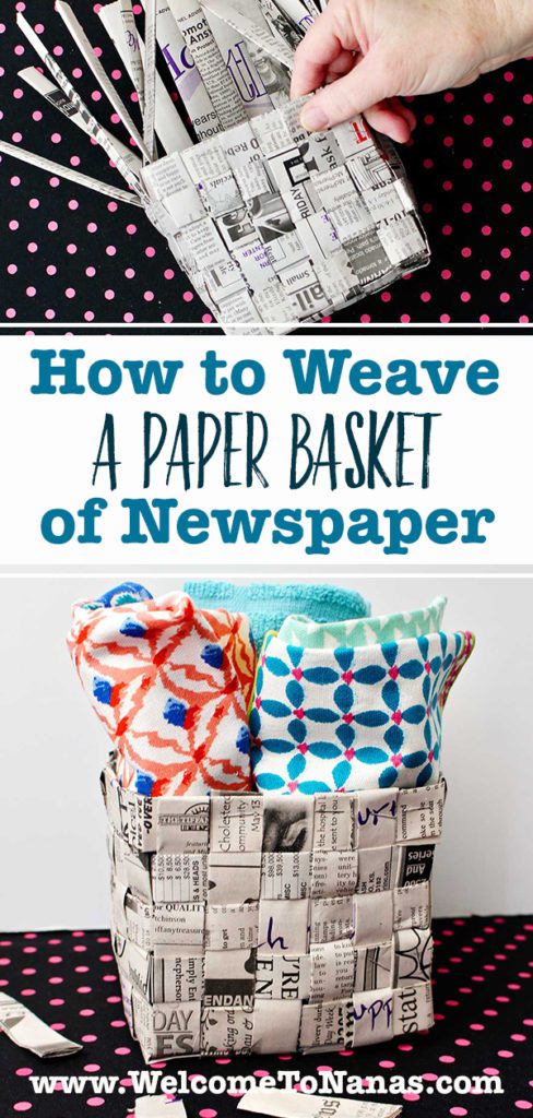 An image of a newspaper basket partially completed against a pink polka dotted black fabric and an image of a completed newspaper basket full of colorful hand towels.