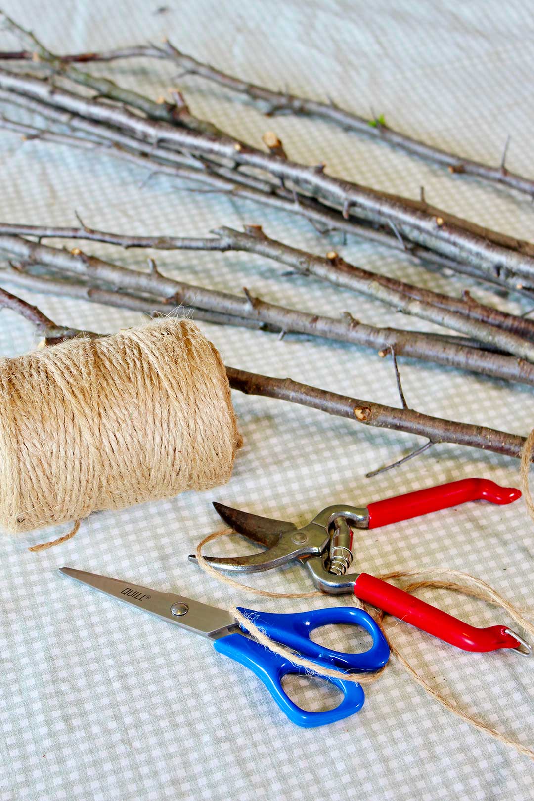 Supplies for a tabletop easel from twigs. Twine, blue scissors, gardening shears and twigs lay on a piece of checkered fabric.