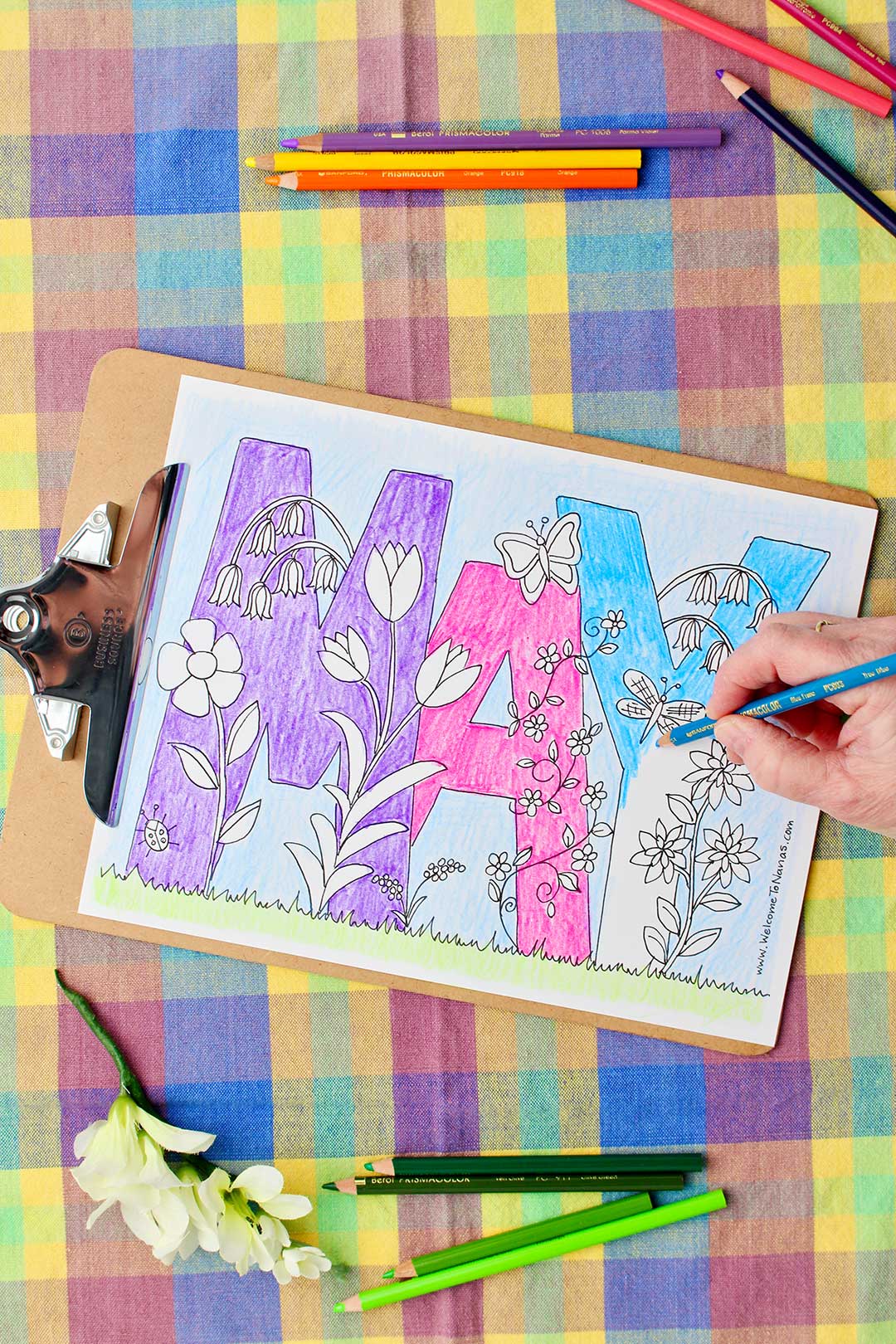 Hand coloring "Y" in blue in May Coloring Page with colored pencils resting on a colorful plaid background.