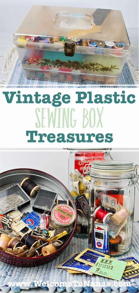 An image of a vintage plastic sewing box with spools of thread and various items inside and an image of two glass jars filled with treasures from the sewing box as well as a metal cookie tin filled with odds and ends.