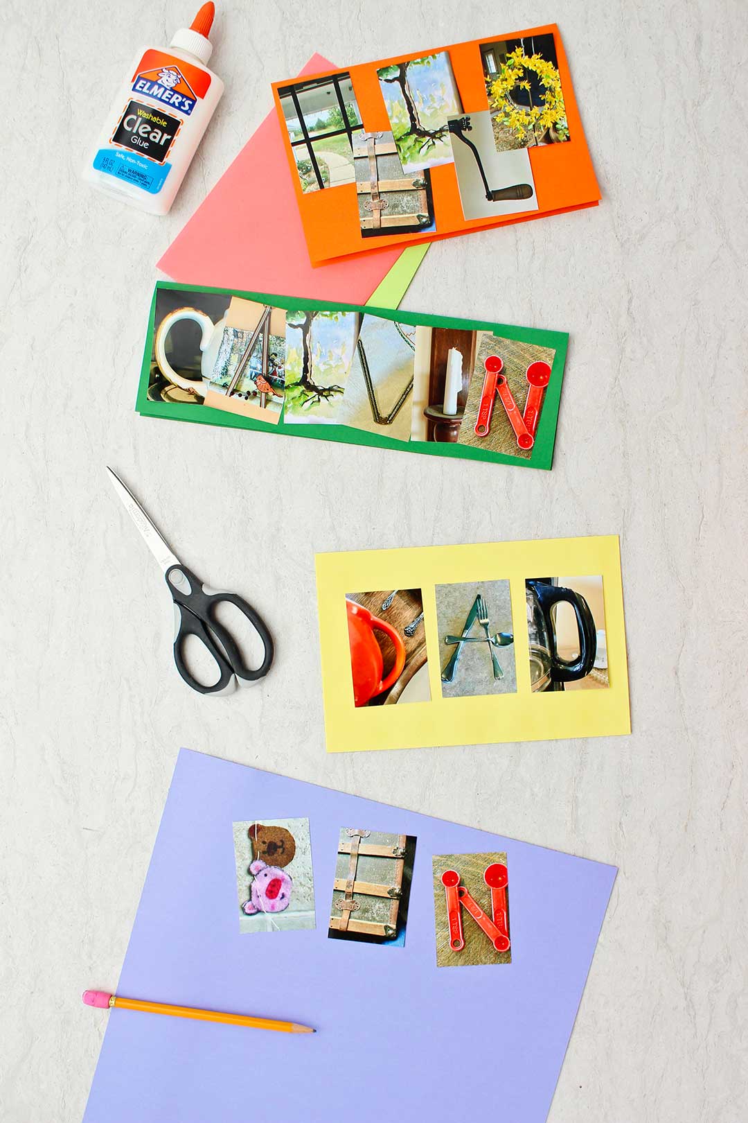 Three partially made photo cards on colorful paper. Cards spell "hello", "Calvin", "Dad" and "Ben"