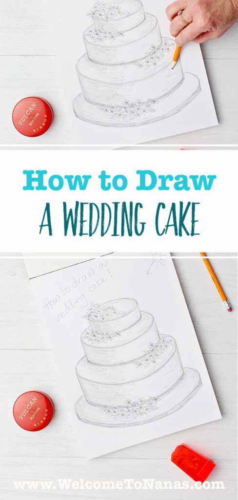 Completed sketches of wedding cake with red pencil sharpener resting near by.