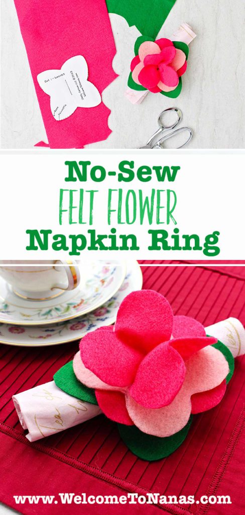 Two images of completed felt flower napkin rings made from pink and green felt.