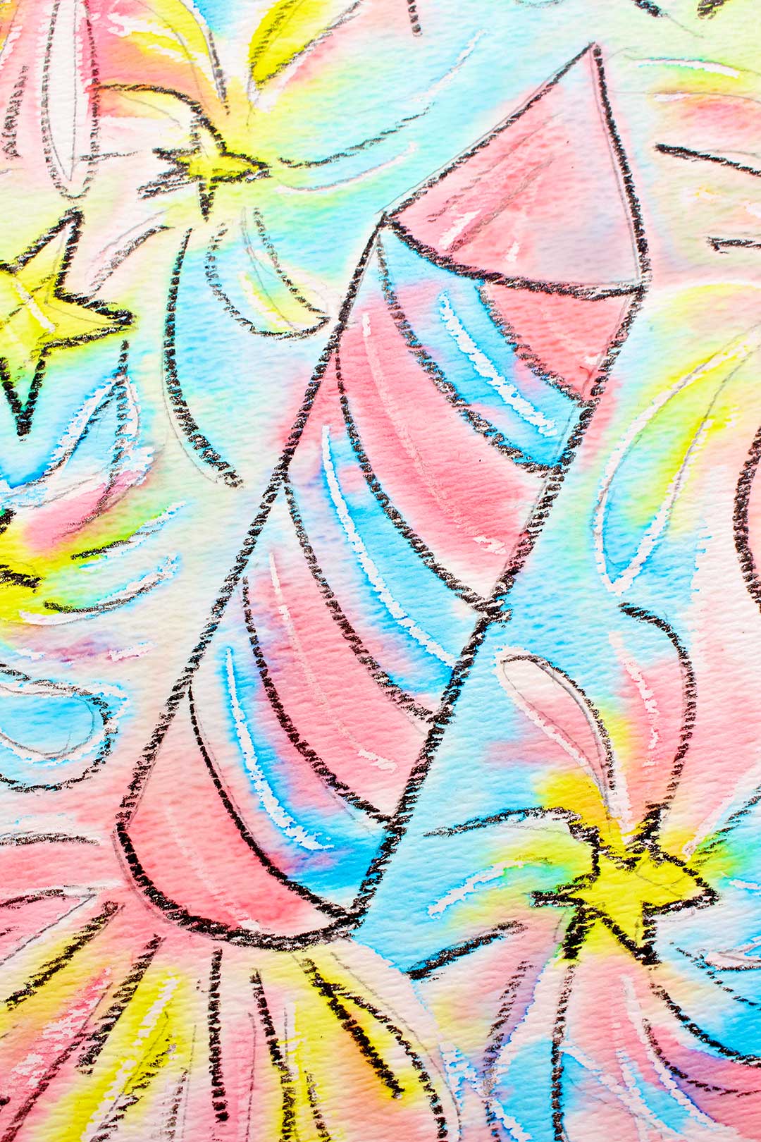 Full frame close up of a rocket on the watercolor resist with crayon painting.