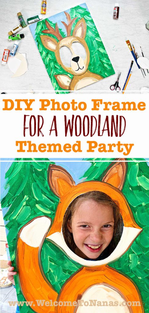 Two completed DIY Woodland Themed Photo Frame Prop, a deer and a fox with a smiling girl holding it.