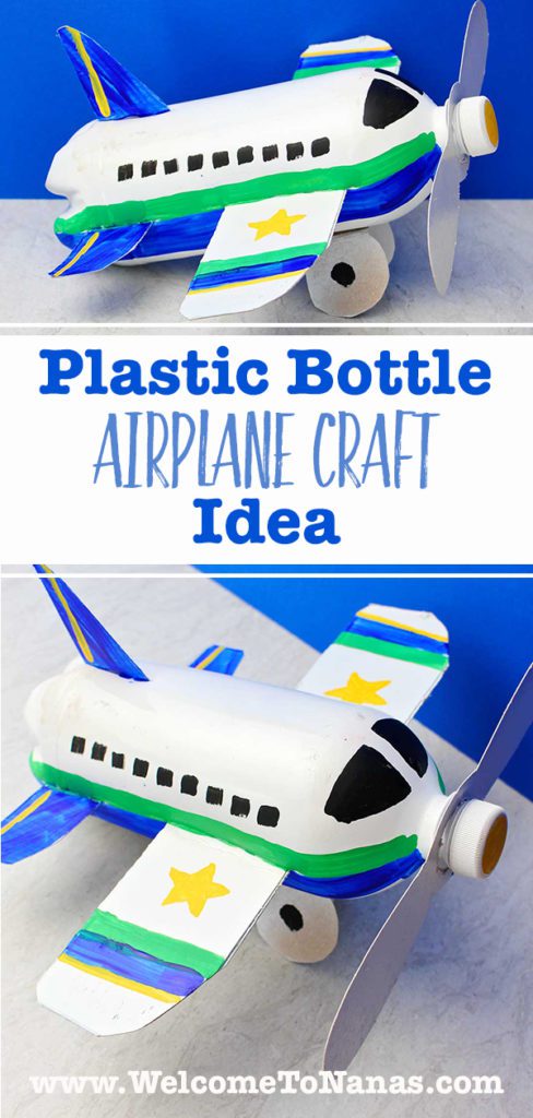 Two images of fully painted and completed airplane bottle craft against a blue backdrop.