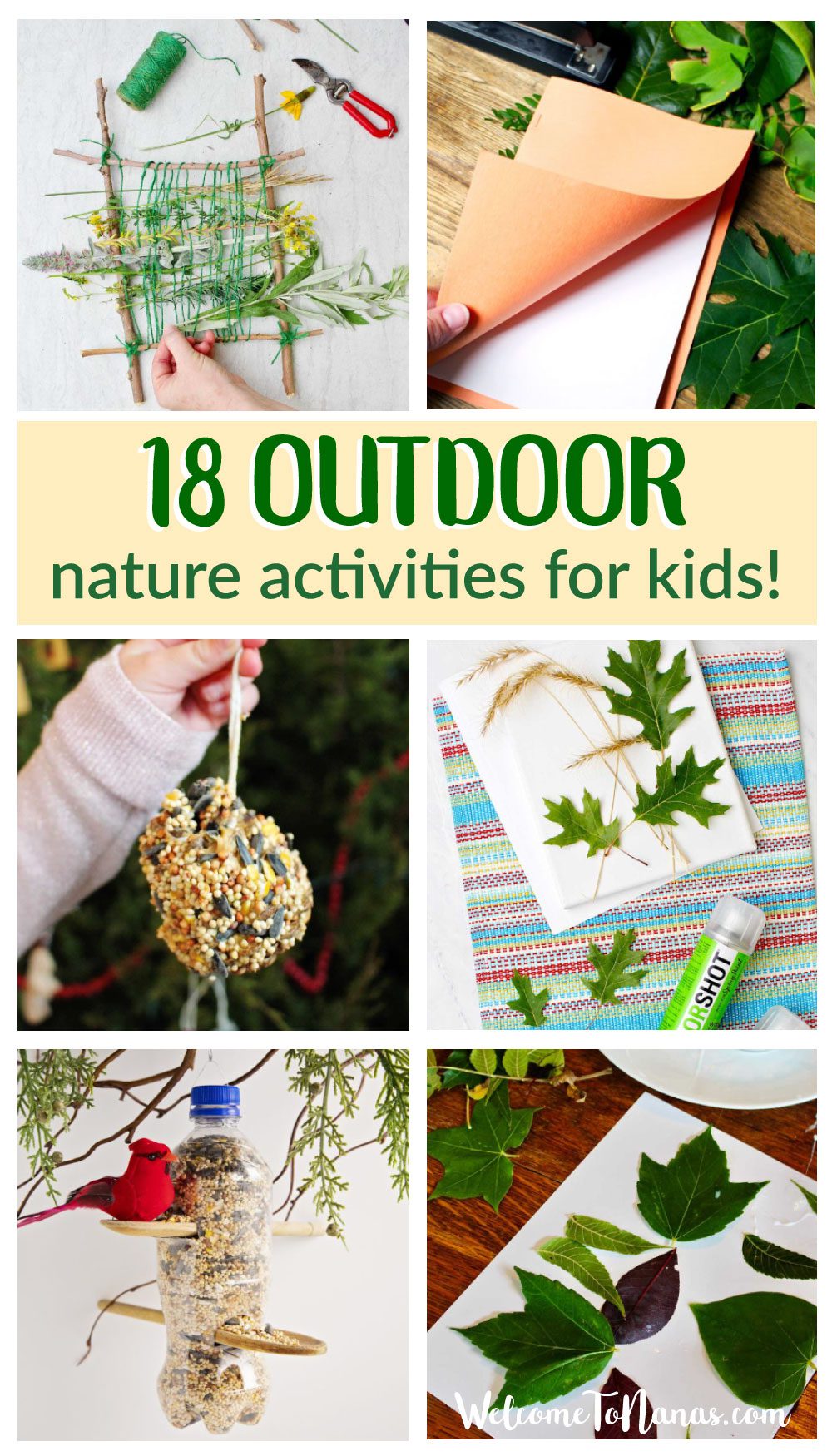 A group of photos with nature crafts for kids