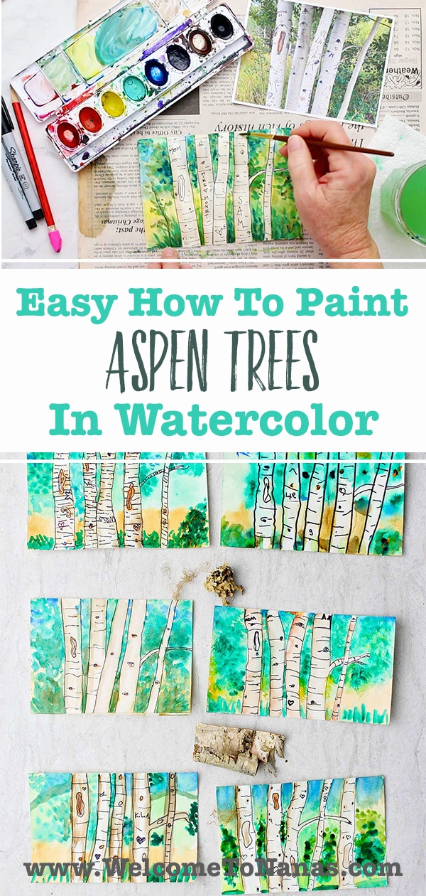 Images with many different variations of watercolored aspen trees with pieces of bark and watercolor pallet near by.