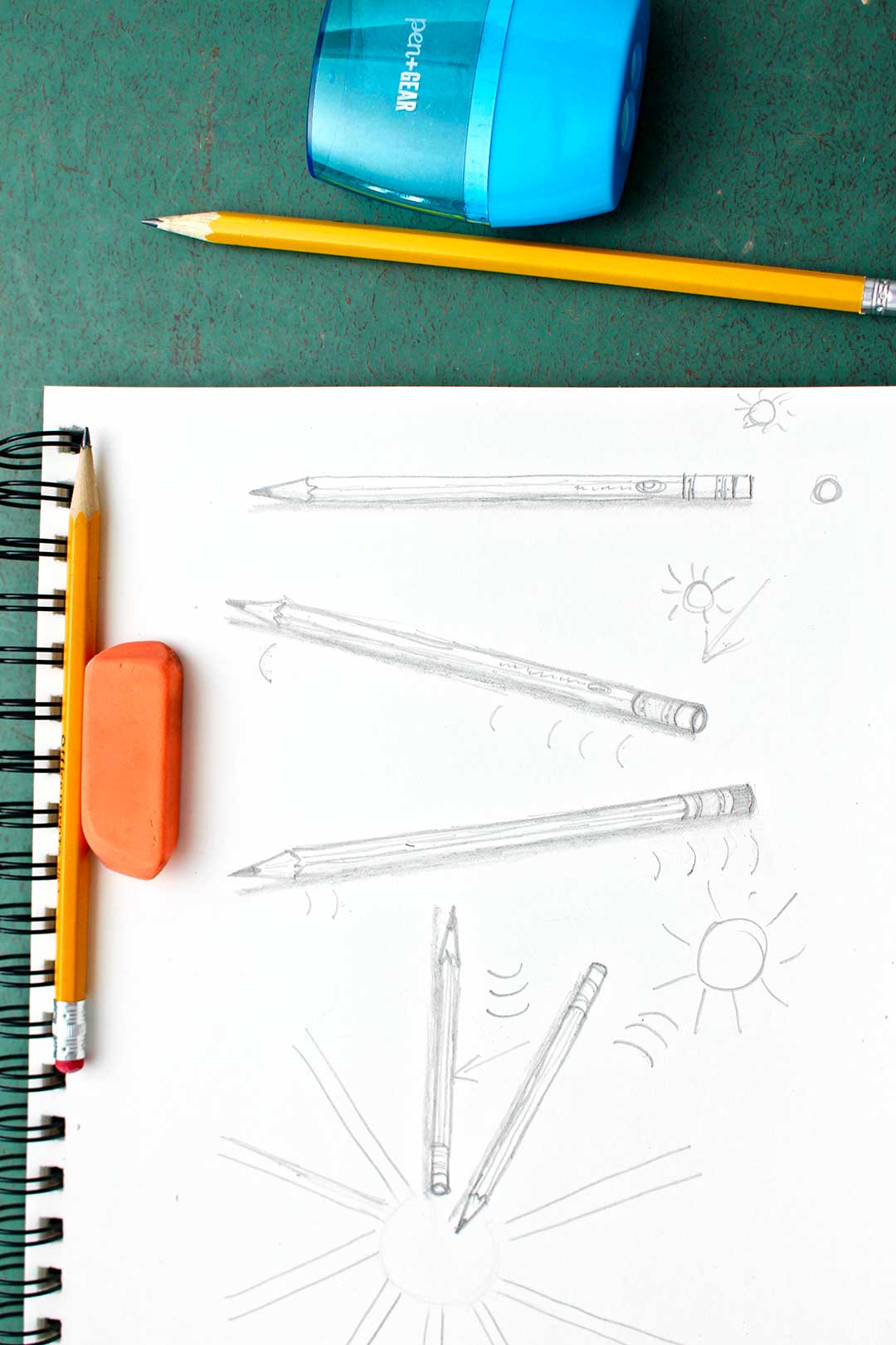 Five different sketches of pencils from different directions of angles.