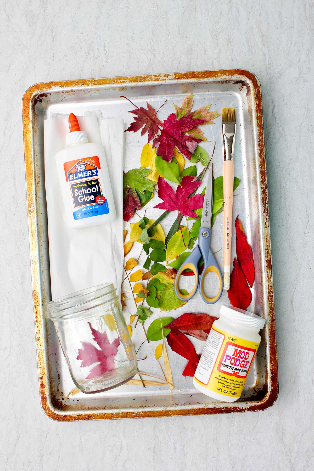 Metal baking tray with supplies to make a Fall Leaf Mason Jar Candle Holder. Leaves, glue, paintbrush, Mod Lodge, scissors and a mason jar.