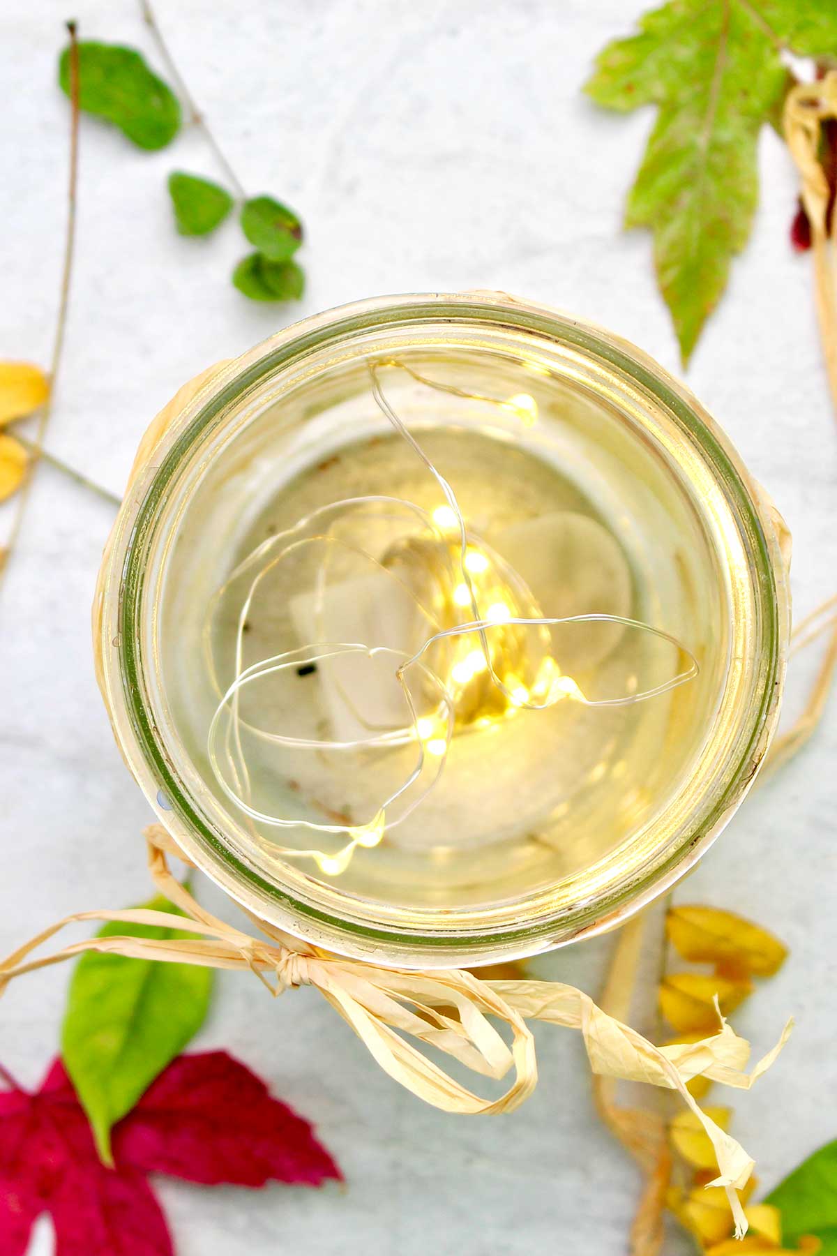 Inside view of candle holder with a string of tiny led lights inside.