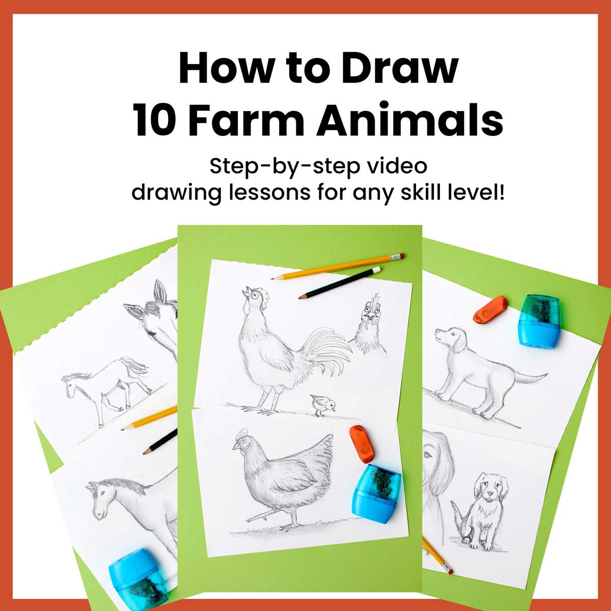 Sketches of a chicken, horse, and dog, with a message selling a course on how to draw 10 farm animals.
