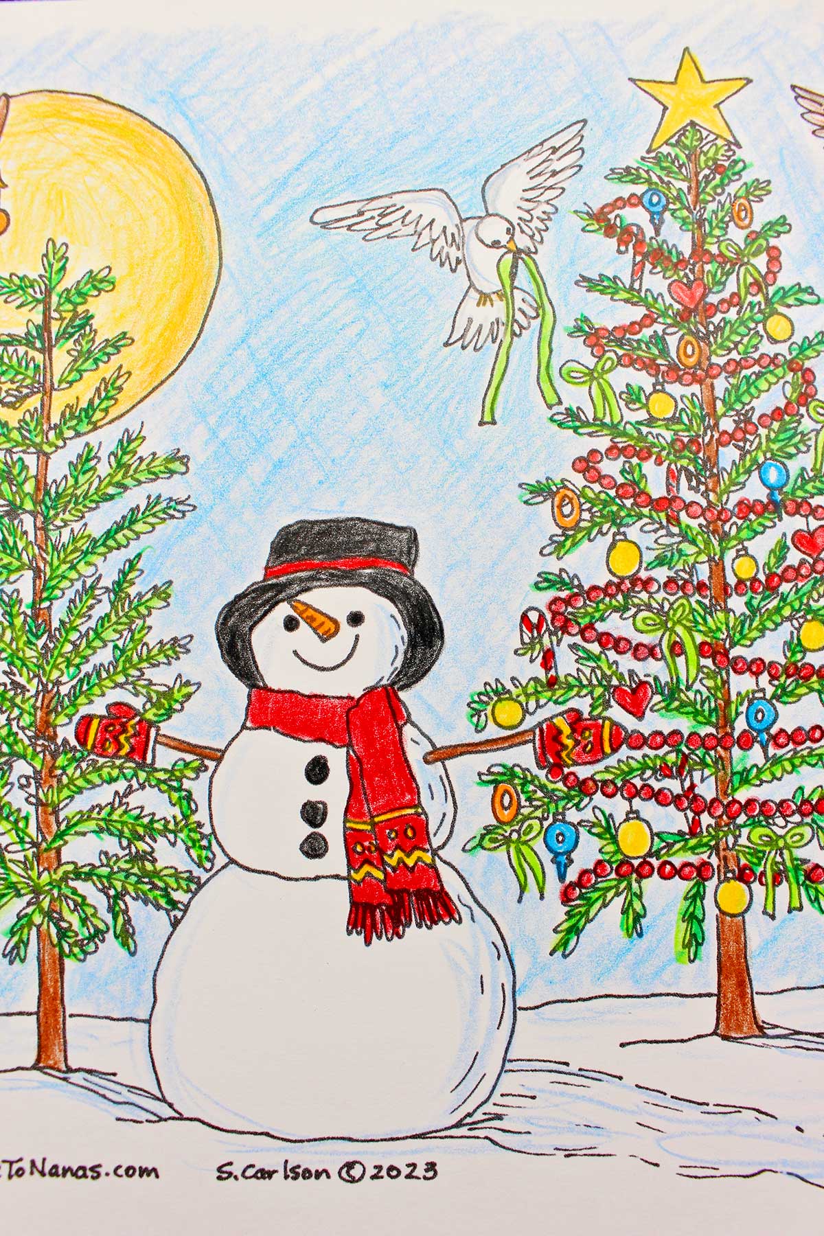 Close up of colored snowman and Christmas trees.