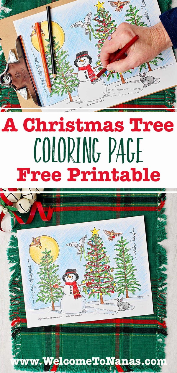 Two completed Christmas Tree Coloring Pages resting on a green and red plaid placemat.