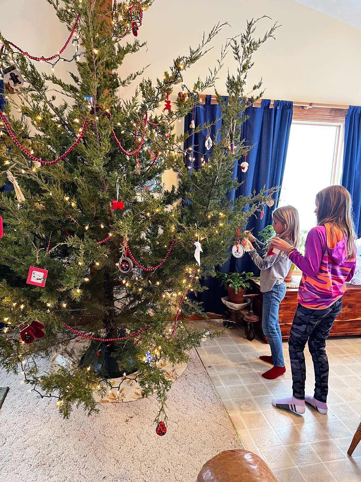 Two young girls hang ornaments on a Christmas tree.