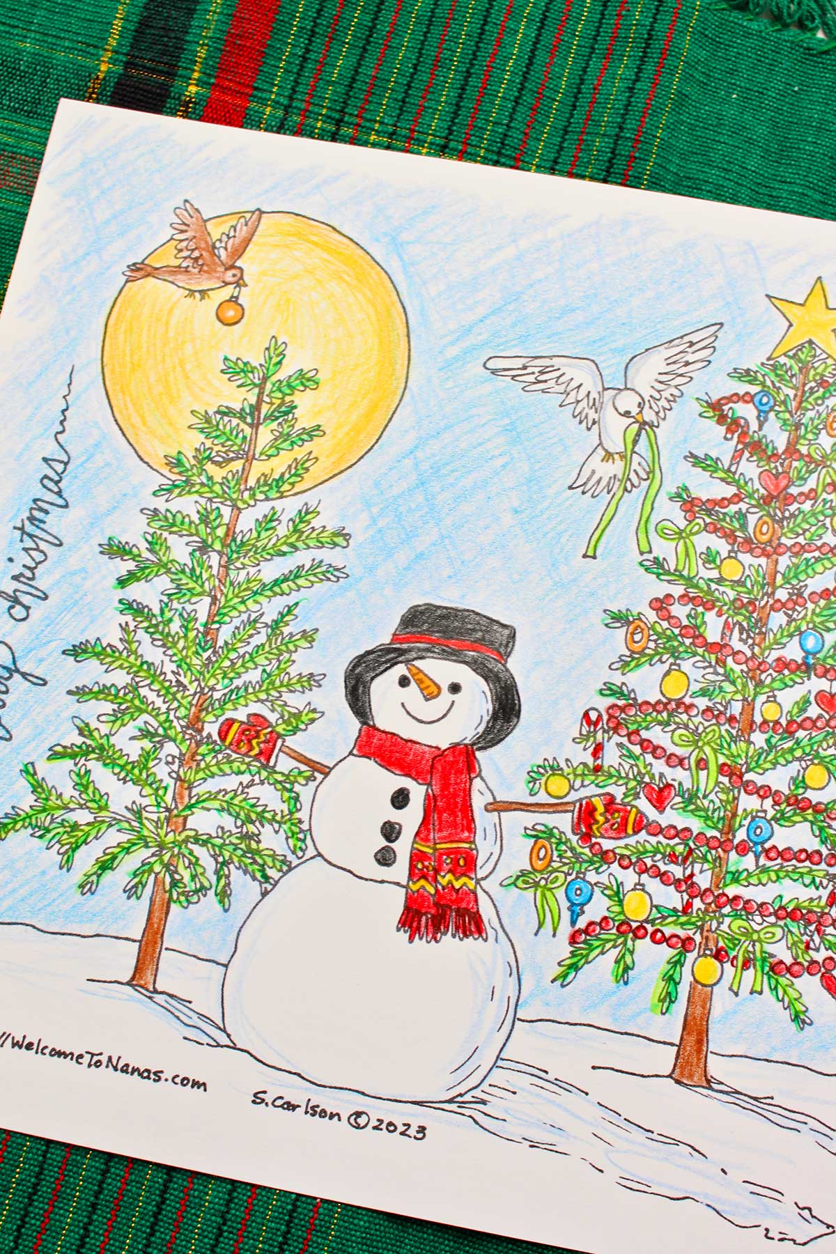 Close up of snowman, Christmas trees and sun resting on a green and red placemat.