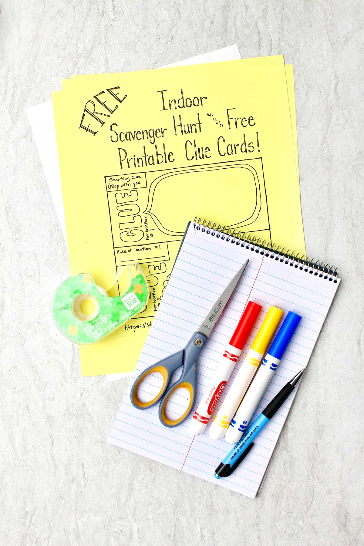 Indoor Scavenger Hunt Free Printable Clue Cards, tape, scissors, markers, paper and a pen.