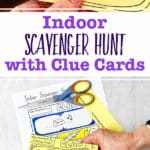 Two images of a hand holding clues for the indoor scavenger hunt.