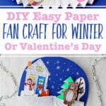 Two images of completed Paper Fan Crafts. One with a winter theme and one with a Valentine's Day theme.