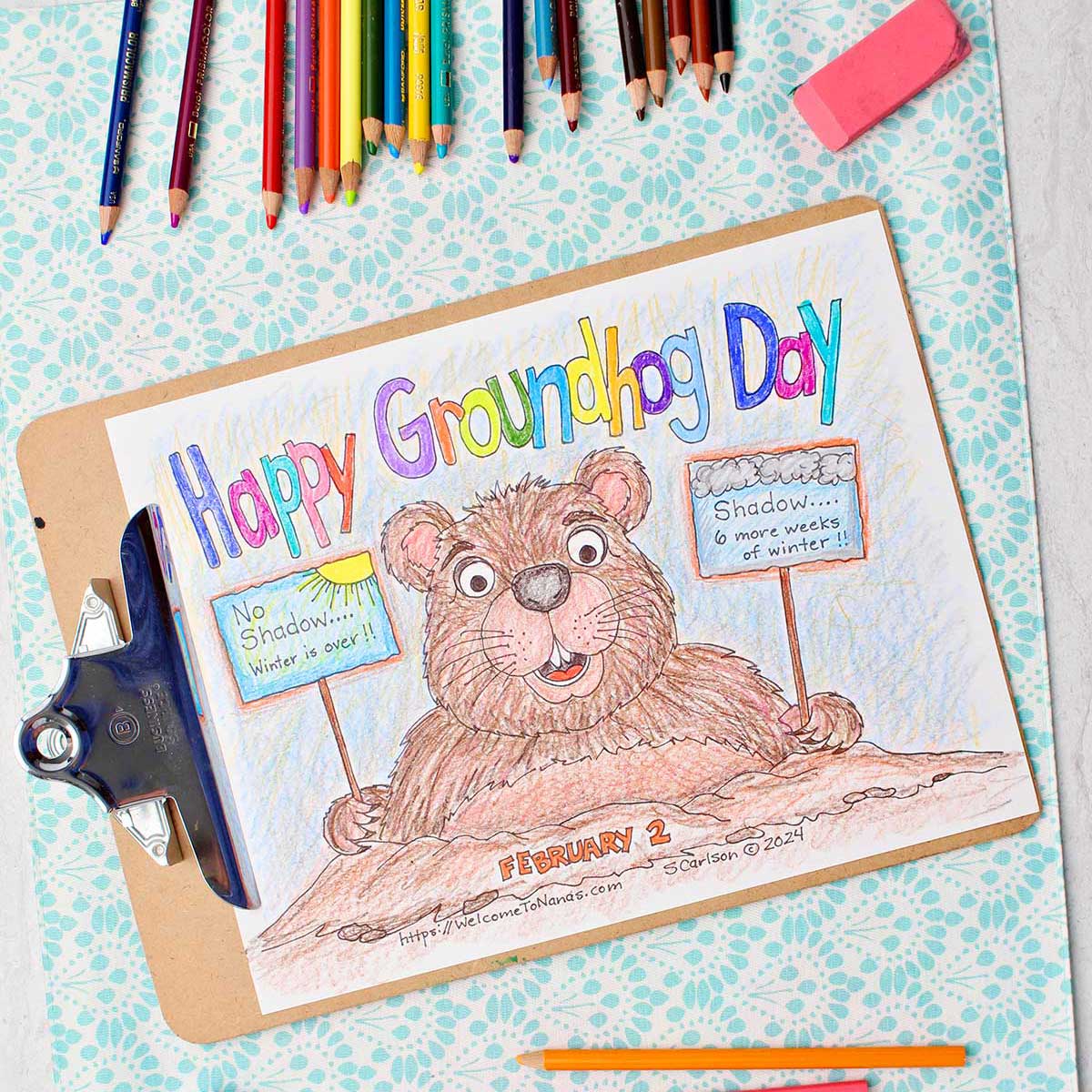 Completed Groundhog Day Coloring Page with colored pencils and pencil sharpener near by.