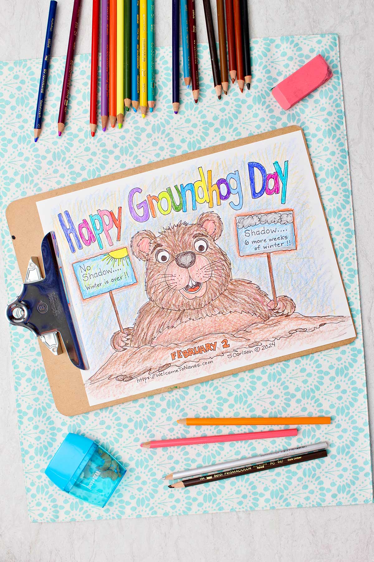 Completed Groundhog Day Coloring Page with colored pencils and pencil sharpener near by.