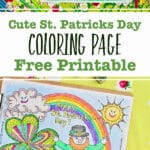 Two images of completed St. Patrick's Day coloring pages with colored pencils near by.