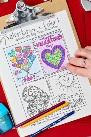 Hand shading in a Valentine purple on Valentine printable.