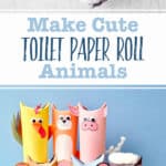Six cute toilet paper roll animals on wooden stands in front of blue backdrop and am image of a hand holding the sheep paper roll animal.