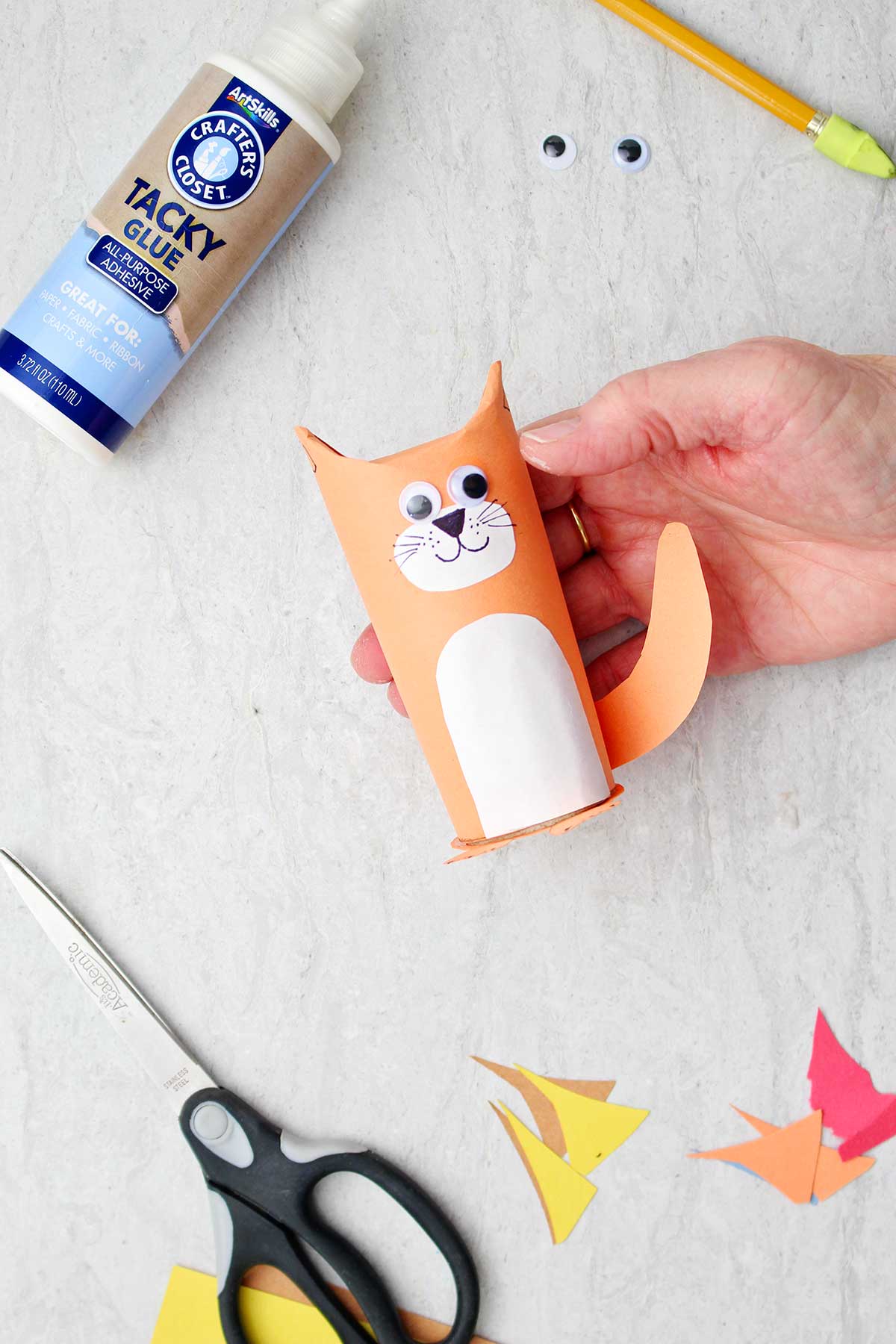 Hand holding cat toilet paper roll animal.
