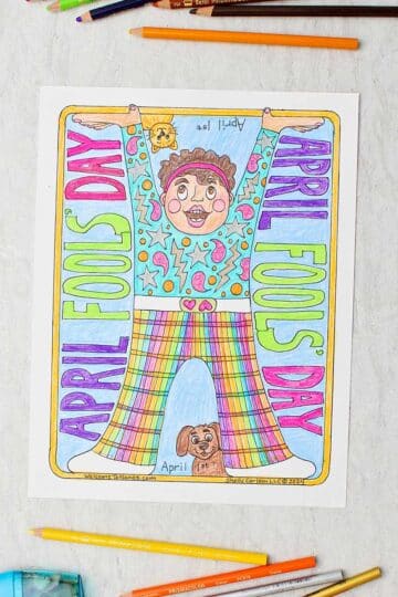 Fully colored April Fools Day Coloring Page of a person doing a hand stand with colored pencils and a pencil sharpener near by.