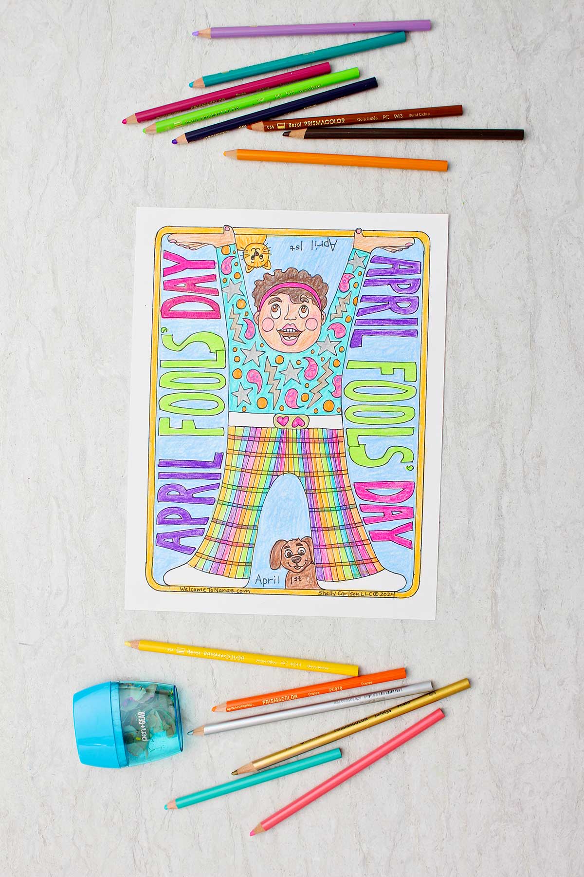 Fully colored April Fools Day Coloring Page of a person doing a hand stand with colored pencils and a pencil sharpener near by.