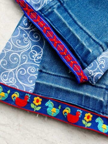 Close up of decorative trim on the bottom of bell bottoms.