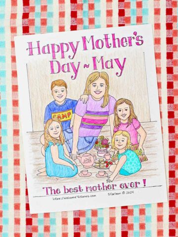 Completed Mother's Day Coloring Page of a mother and kids having a tea party resting on a red, coral and aqua background.