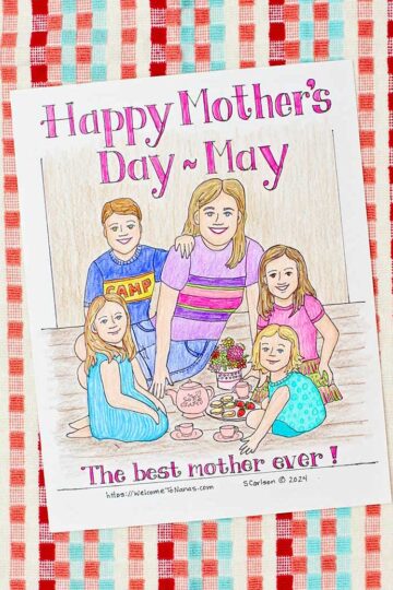 Completed Mother's Day Coloring Page of a mother and kids having a tea party resting on a red, coral and aqua background.