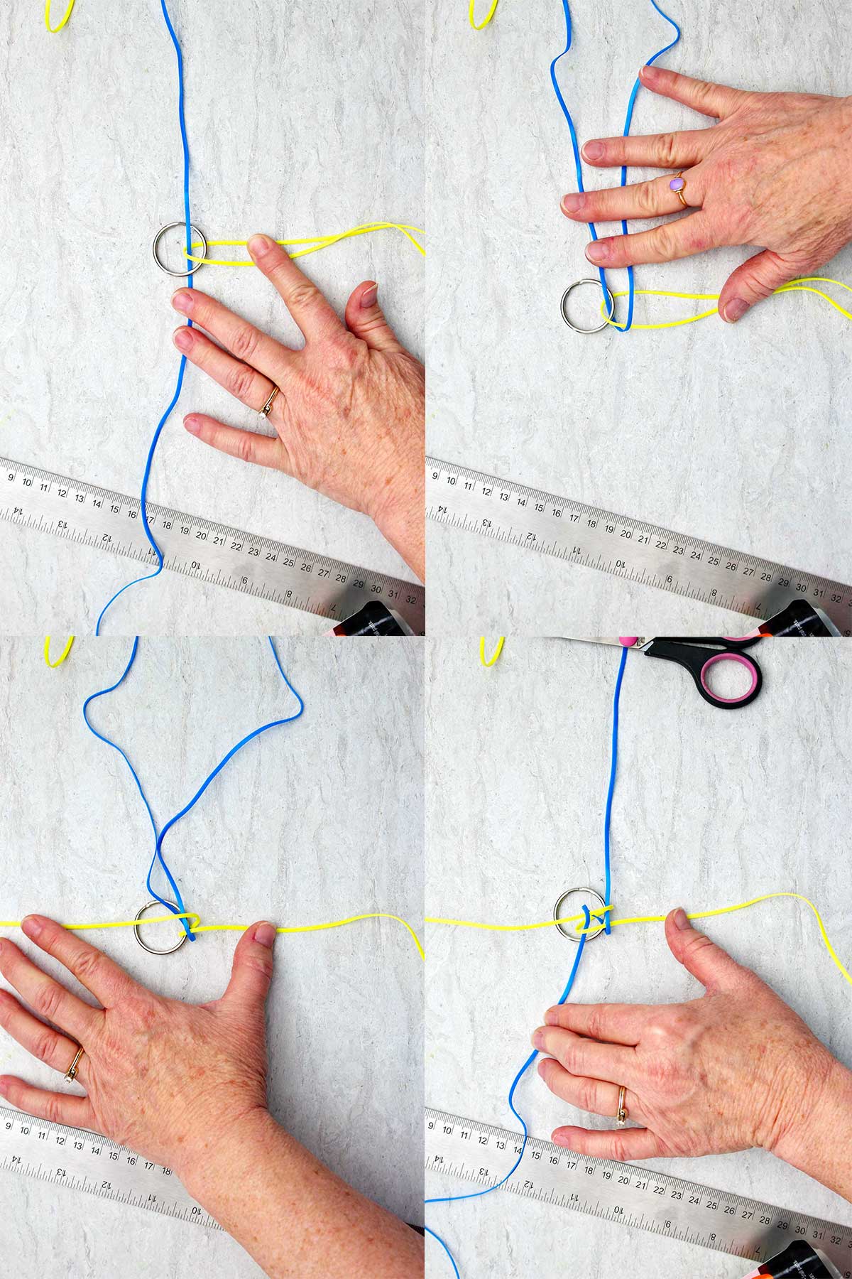 Steps for weaving a yellow and blue boondoggle keychain.